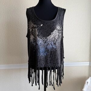 Rock & Republic Eagle Fringe Tank XL Black Grunge Biker Festival Streetwear Top